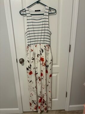 Simple Striped Tank Floral Maxi Dress - White, Gray, Red